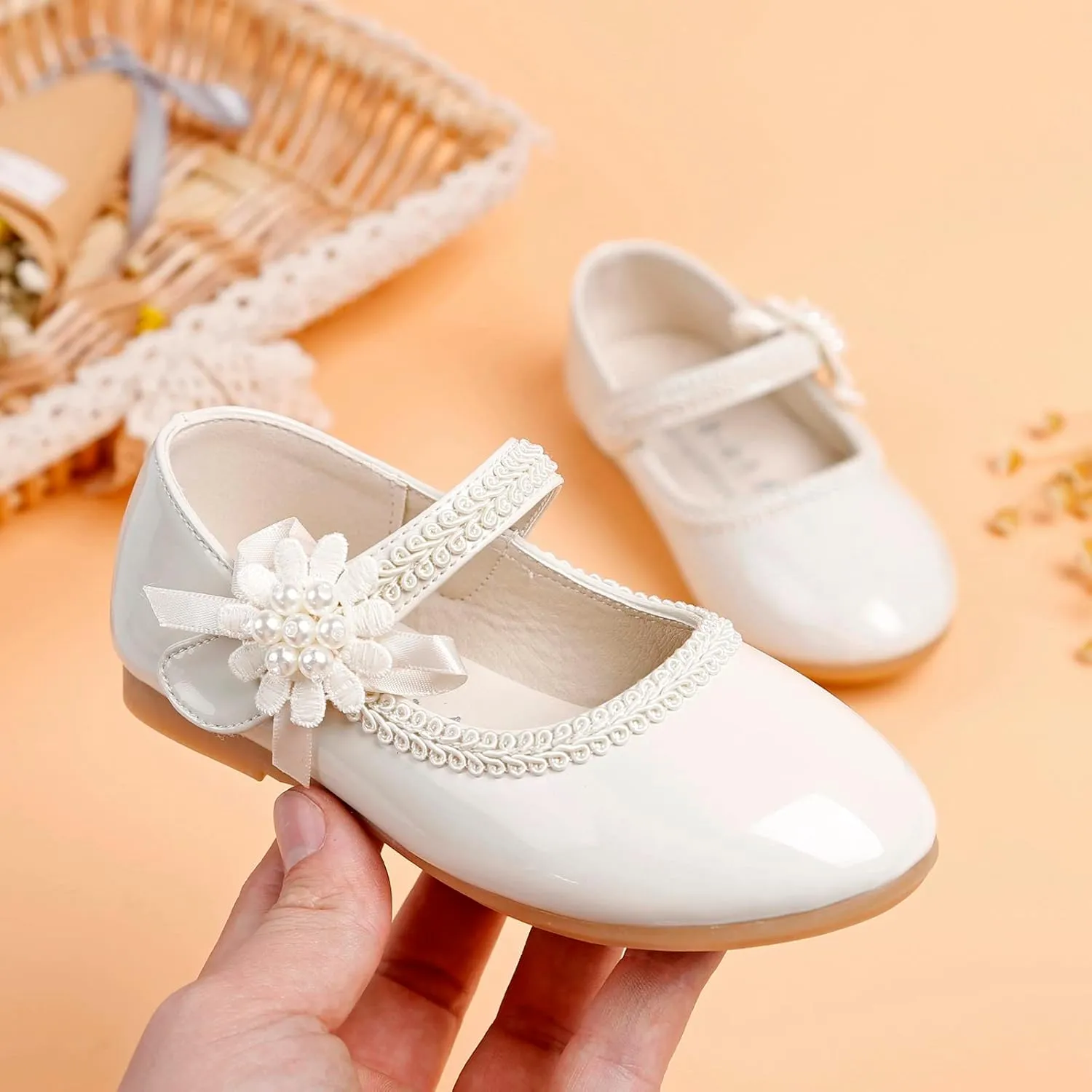 Toddler Girls Dress Shoes Mary Jane Ballet Flats Flower Girl School Party Wedding Shoes with Flower