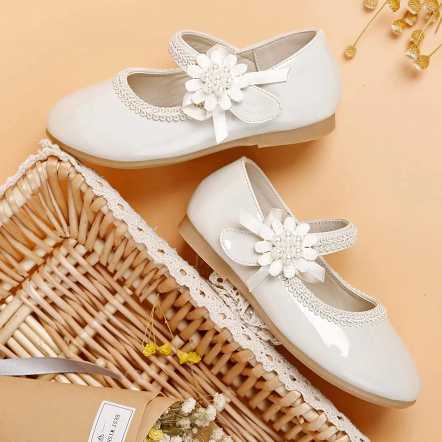 Toddler Girls Dress Shoes Mary Jane Ballet Flats Flower Girl School Party Wedding Shoes with Flower