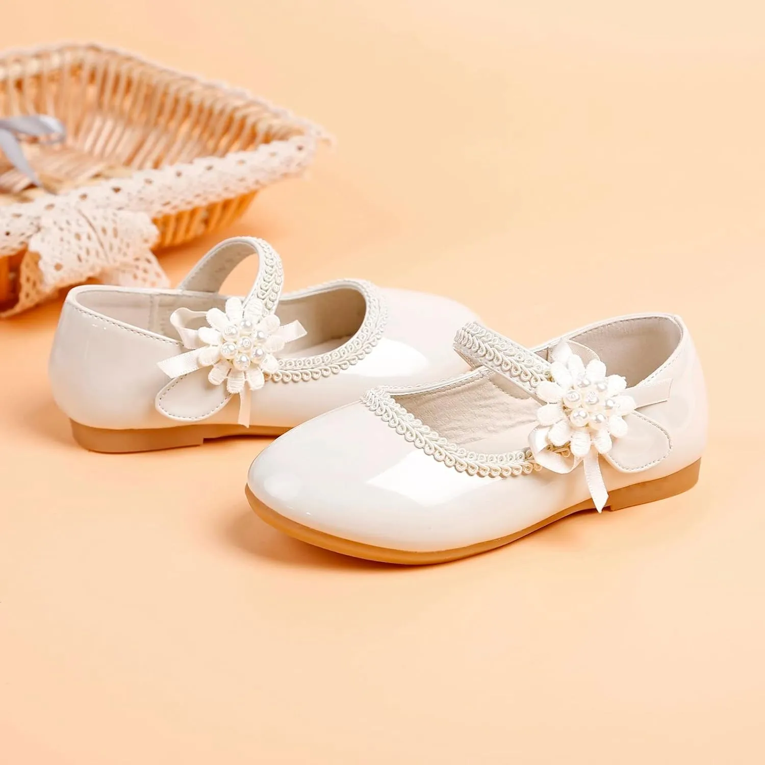 Toddler Girls Dress Shoes Mary Jane Ballet Flats Flower Girl School Party Wedding Shoes with Flower