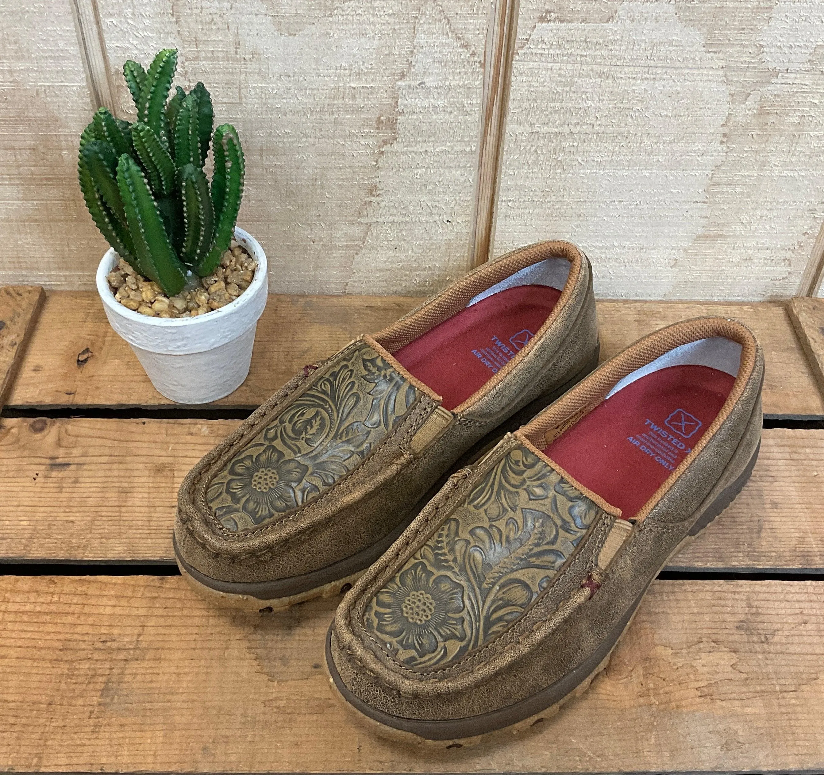 Twisted X Women's Brown Bomber Leather & Tooled Slip On Driving Moc Casual Shoe WXC0013