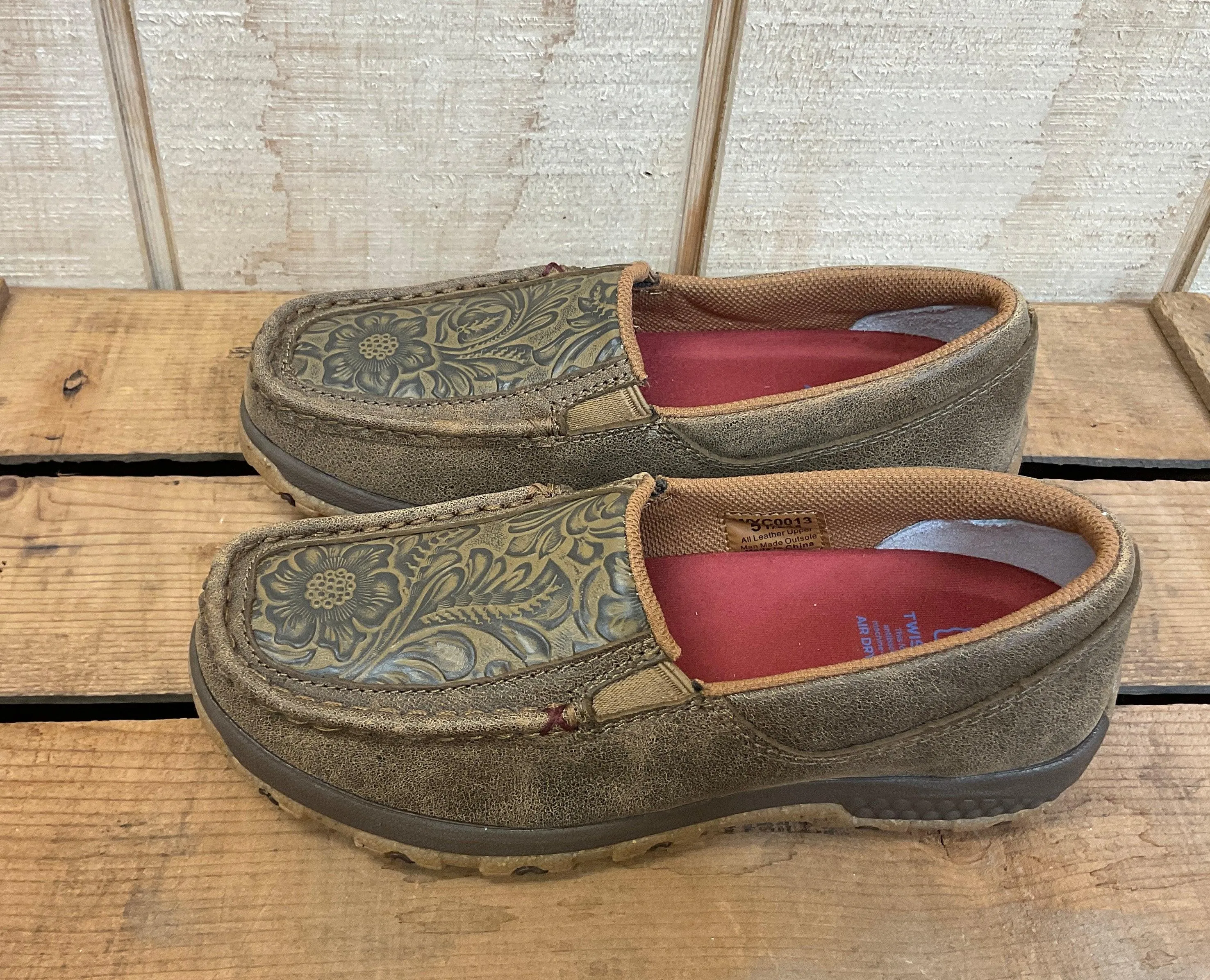 Twisted X Women's Brown Bomber Leather & Tooled Slip On Driving Moc Casual Shoe WXC0013