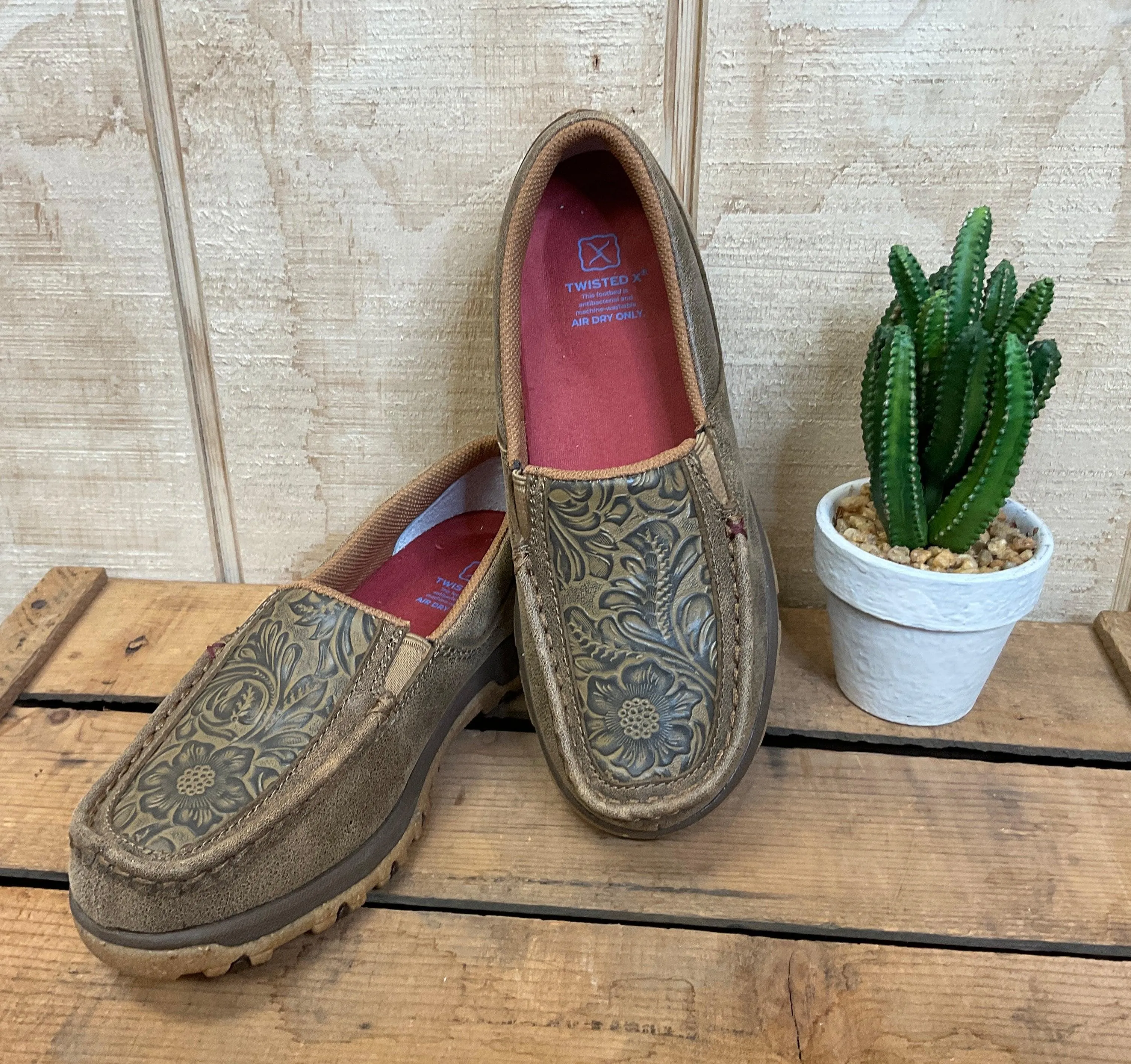 Twisted X Women's Brown Bomber Leather & Tooled Slip On Driving Moc Casual Shoe WXC0013
