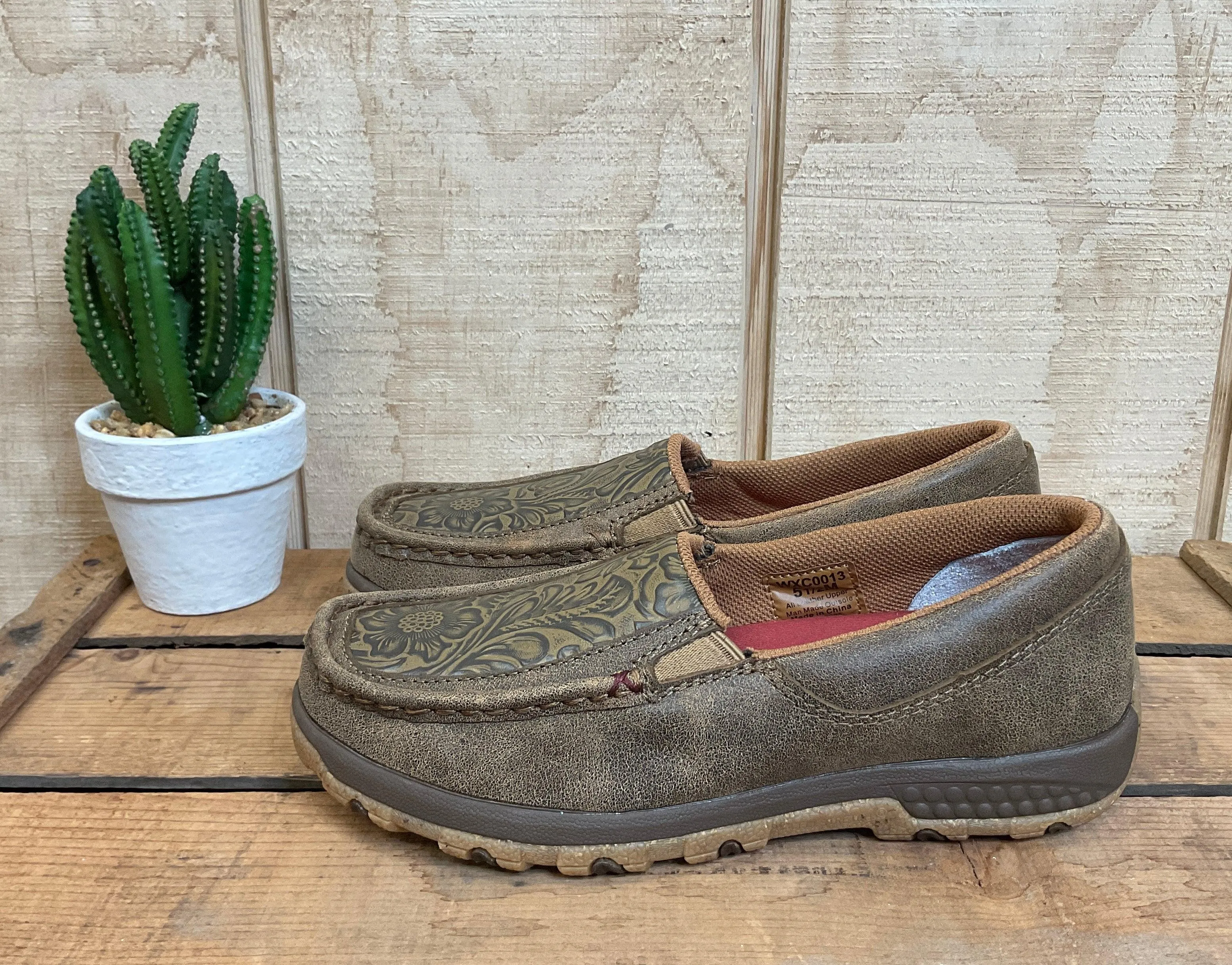 Twisted X Women's Brown Bomber Leather & Tooled Slip On Driving Moc Casual Shoe WXC0013