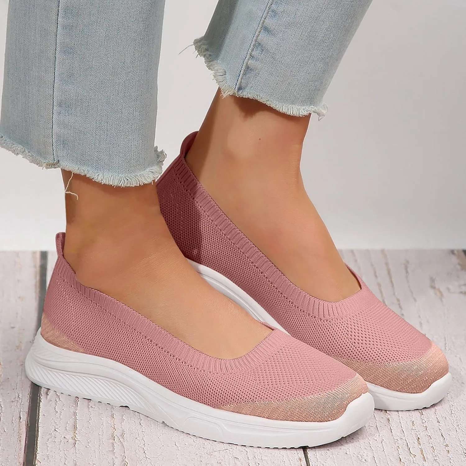 White Sneakers for Women Wide Width Breathable Walking Comfortable Slip on Sneaker Comfy Shallow Sandals Hiking Workout Flat Shoe