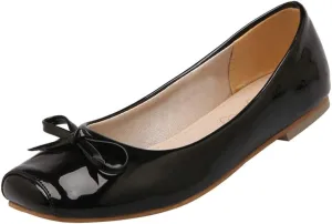 Women Patent Square Toe Ballet Flats Comfort Slip On Ballerina Dress Shoes with Bow