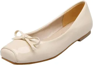 Women Patent Square Toe Ballet Flats Comfort Slip On Ballerina Dress Shoes with Bow
