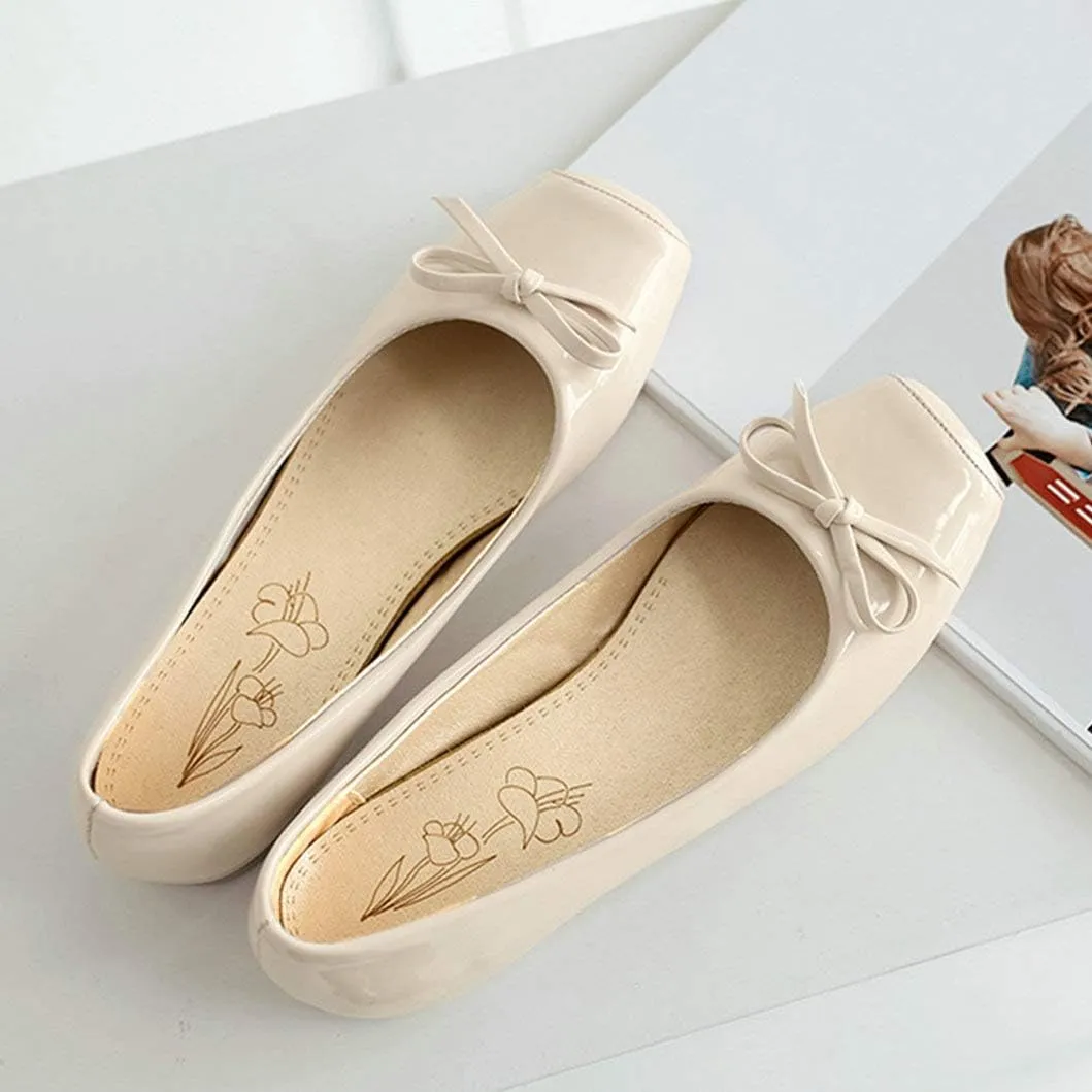 Women Patent Square Toe Ballet Flats Comfort Slip On Ballerina Dress Shoes with Bow