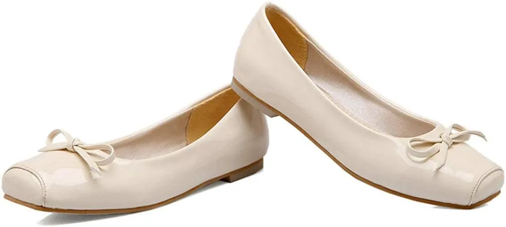 Women Patent Square Toe Ballet Flats Comfort Slip On Ballerina Dress Shoes with Bow