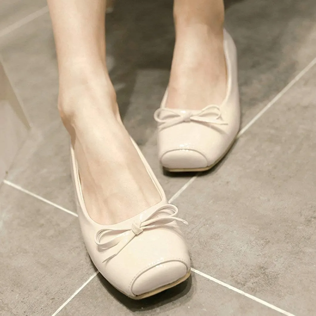Women Patent Square Toe Ballet Flats Comfort Slip On Ballerina Dress Shoes with Bow