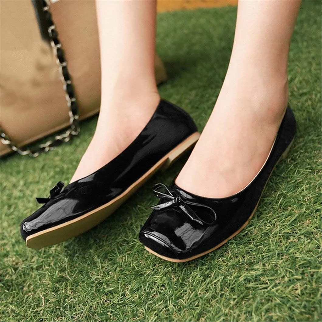 Women Patent Square Toe Ballet Flats Comfort Slip On Ballerina Dress Shoes with Bow