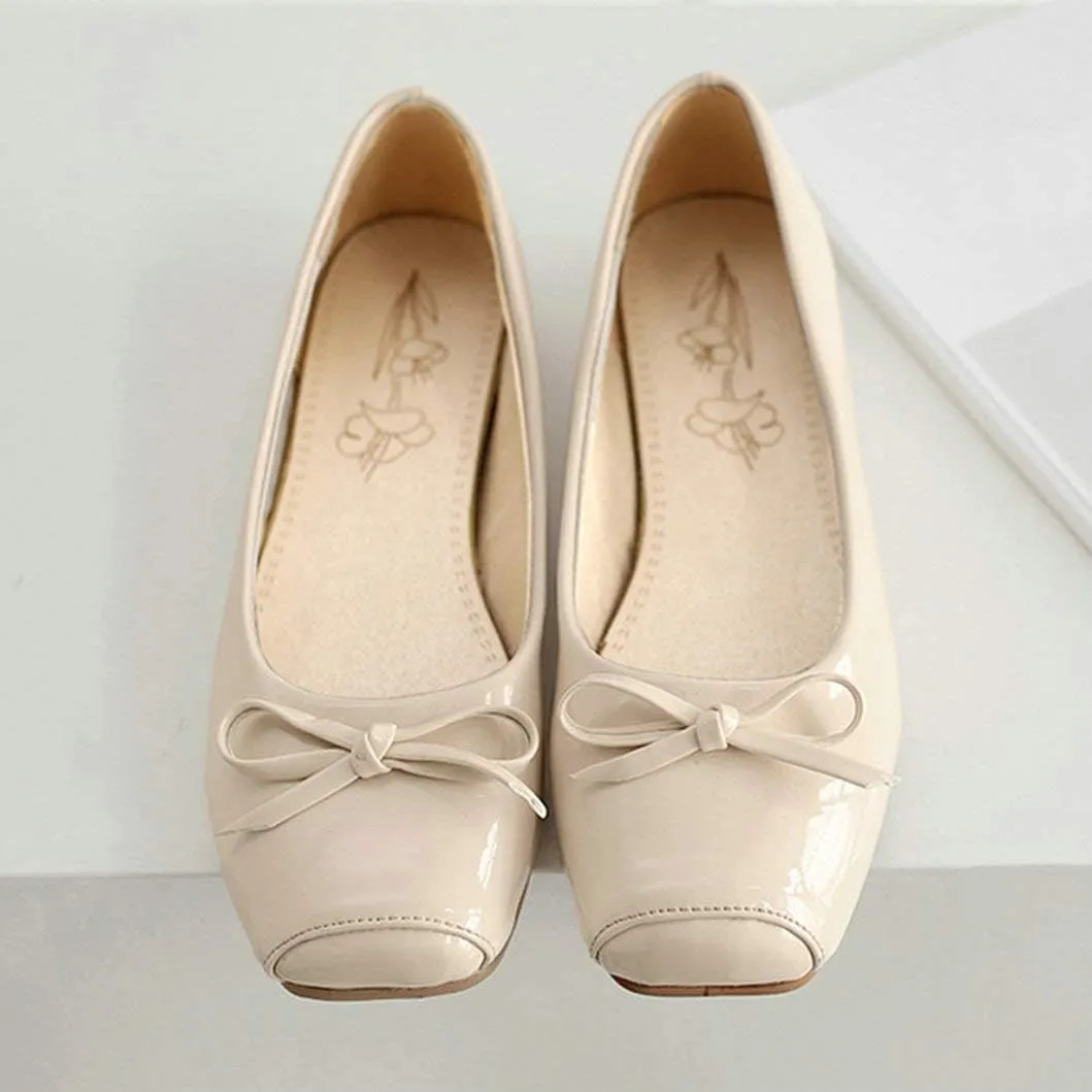 Women Patent Square Toe Ballet Flats Comfort Slip On Ballerina Dress Shoes with Bow