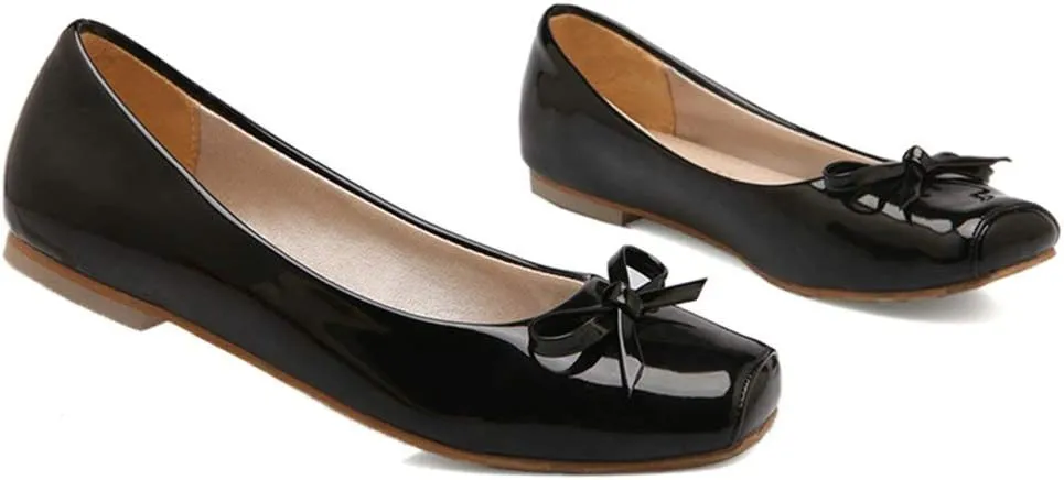Women Patent Square Toe Ballet Flats Comfort Slip On Ballerina Dress Shoes with Bow