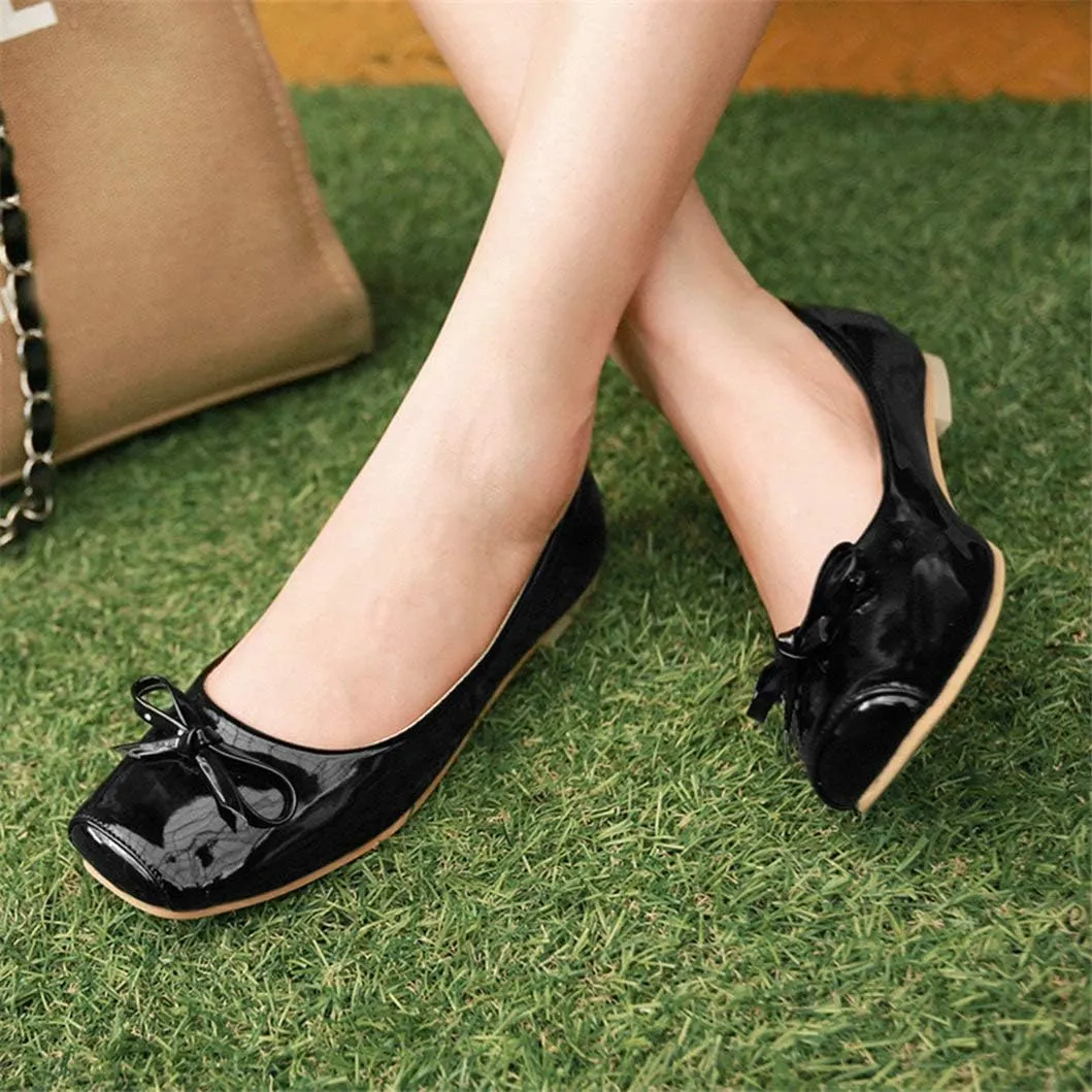 Women Patent Square Toe Ballet Flats Comfort Slip On Ballerina Dress Shoes with Bow