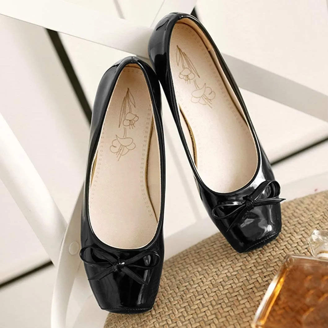 Women Patent Square Toe Ballet Flats Comfort Slip On Ballerina Dress Shoes with Bow