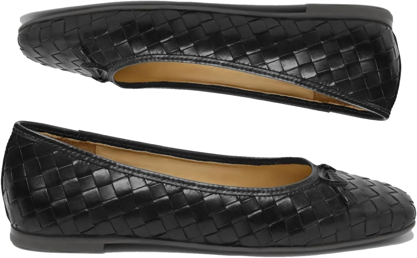 Women Woven Flats Square Toe Bow Ballet Flats Slip on Casual Flat Heel Dress Shoes Woven Closed Toe Flat Shoes with Bow Walking Comfort Vacation Drive Flats Matte 4-11 M US