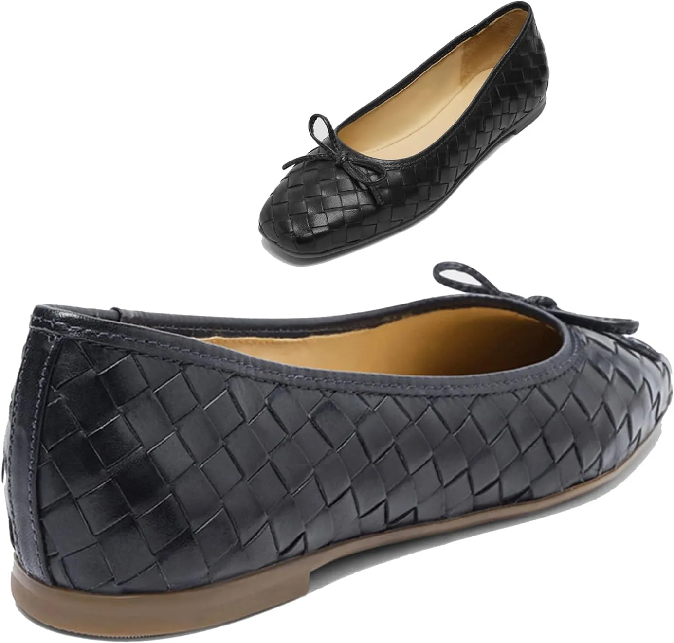 Women Woven Flats Square Toe Bow Ballet Flats Slip on Casual Flat Heel Dress Shoes Woven Closed Toe Flat Shoes with Bow Walking Comfort Vacation Drive Flats Matte 4-11 M US