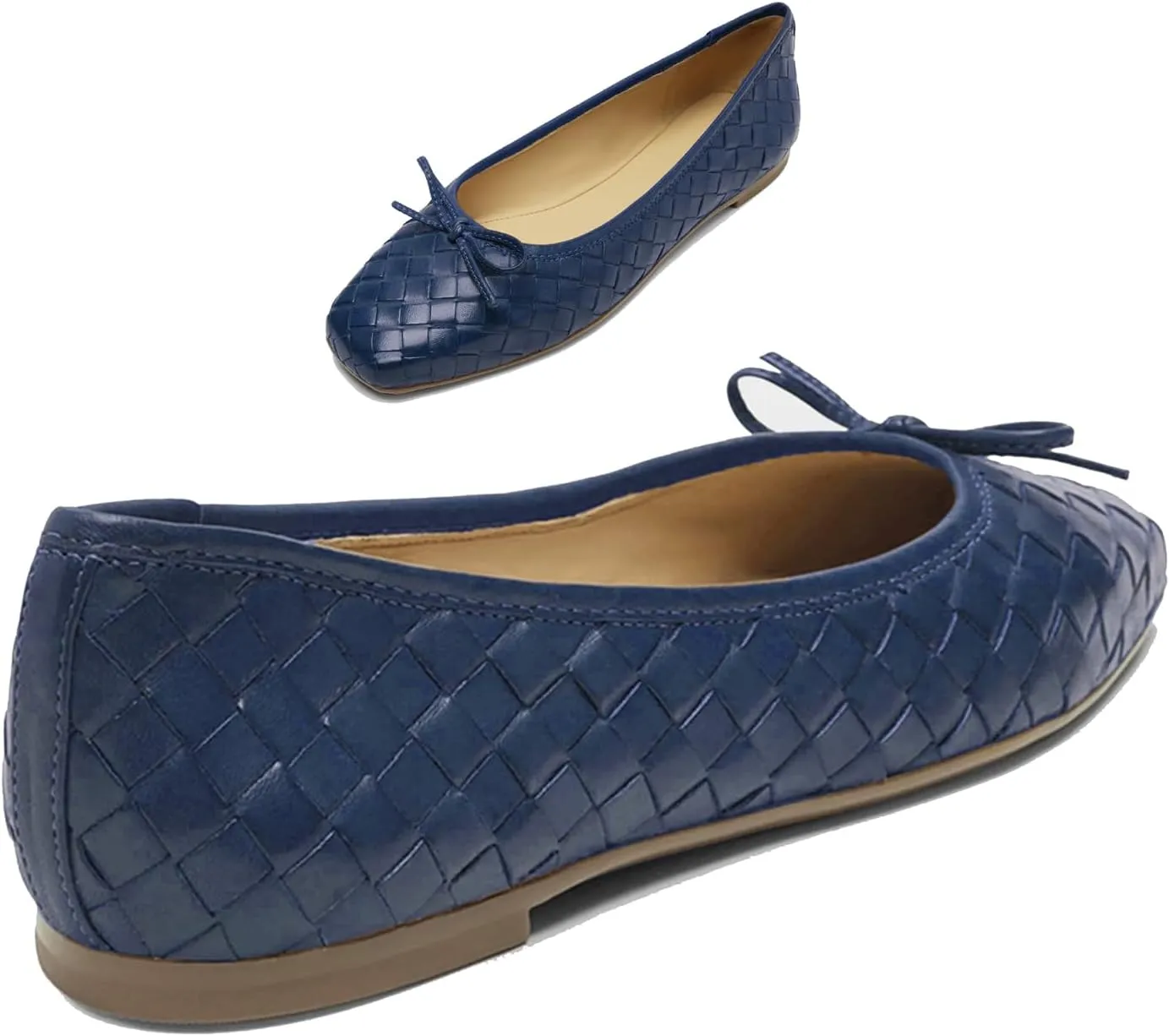 Women Woven Flats Square Toe Bow Ballet Flats Slip on Casual Flat Heel Dress Shoes Woven Closed Toe Flat Shoes with Bow Walking Comfort Vacation Drive Flats Matte 4-11 M US