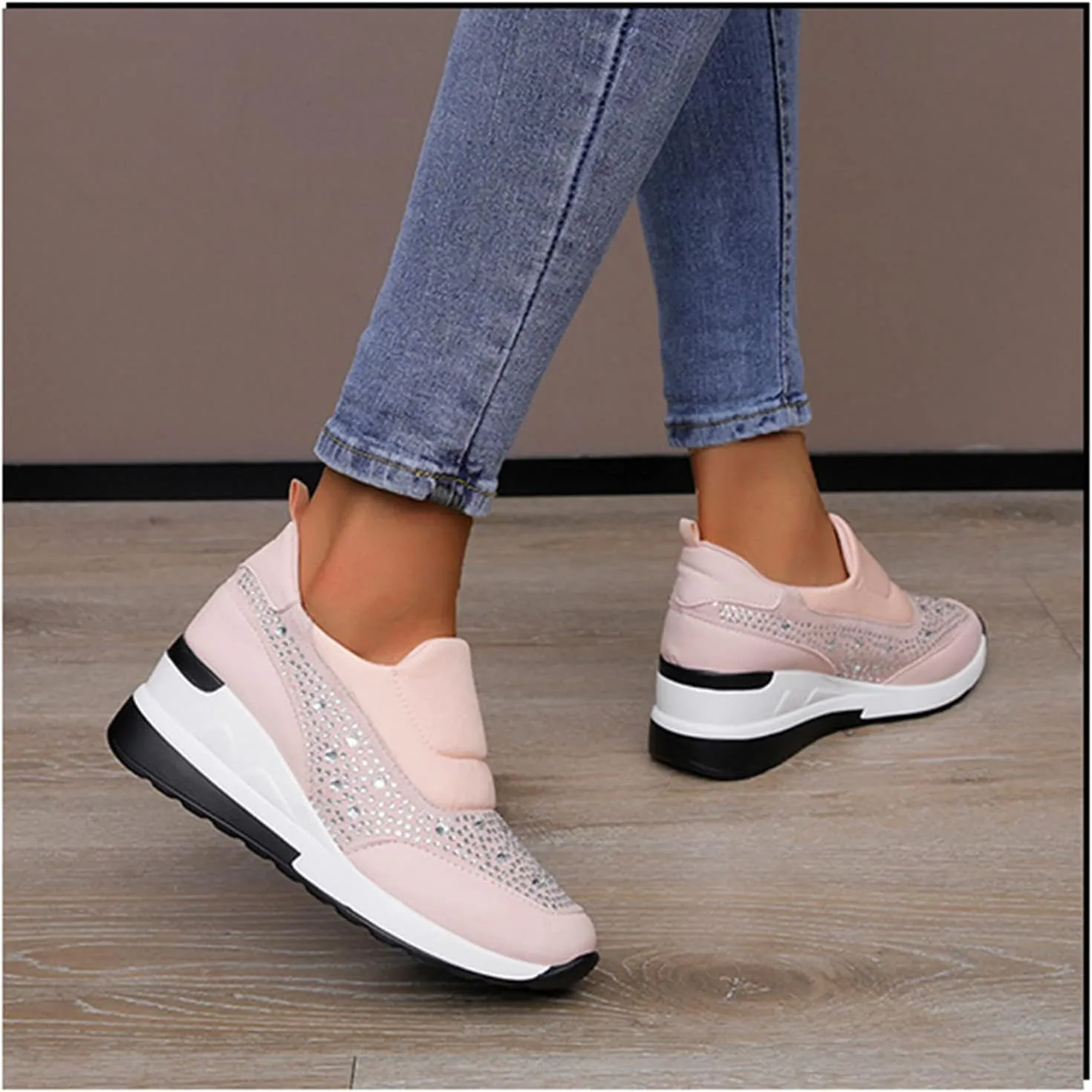 Women's Casual Shoes Fashion Rhinestones Platform Wedge Slip-on Sneakers Classic Comfort Low Top Walking Booties