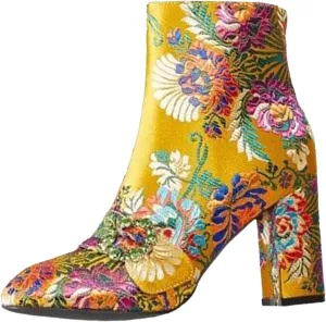 Women's Chunky Block Heel Boots,Platform Boots for Women Fashion Vintage Embroideried Design Pointed Toe Pump Ankle Booties Trendy High Heels Dress Short Boots For Ladies Party Shoes