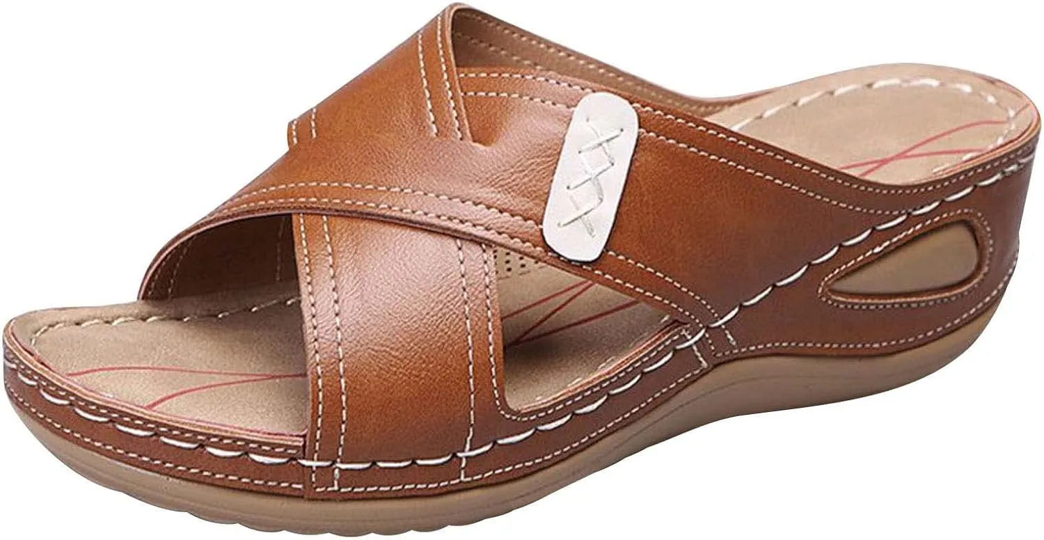 Women's Comfy Orthotic Sandals with Arched Support Summer Fashion Cross Straps Open Toe Slip on Slippers Comfy Outdoor Anti-Slip Ladies Casual Shoes