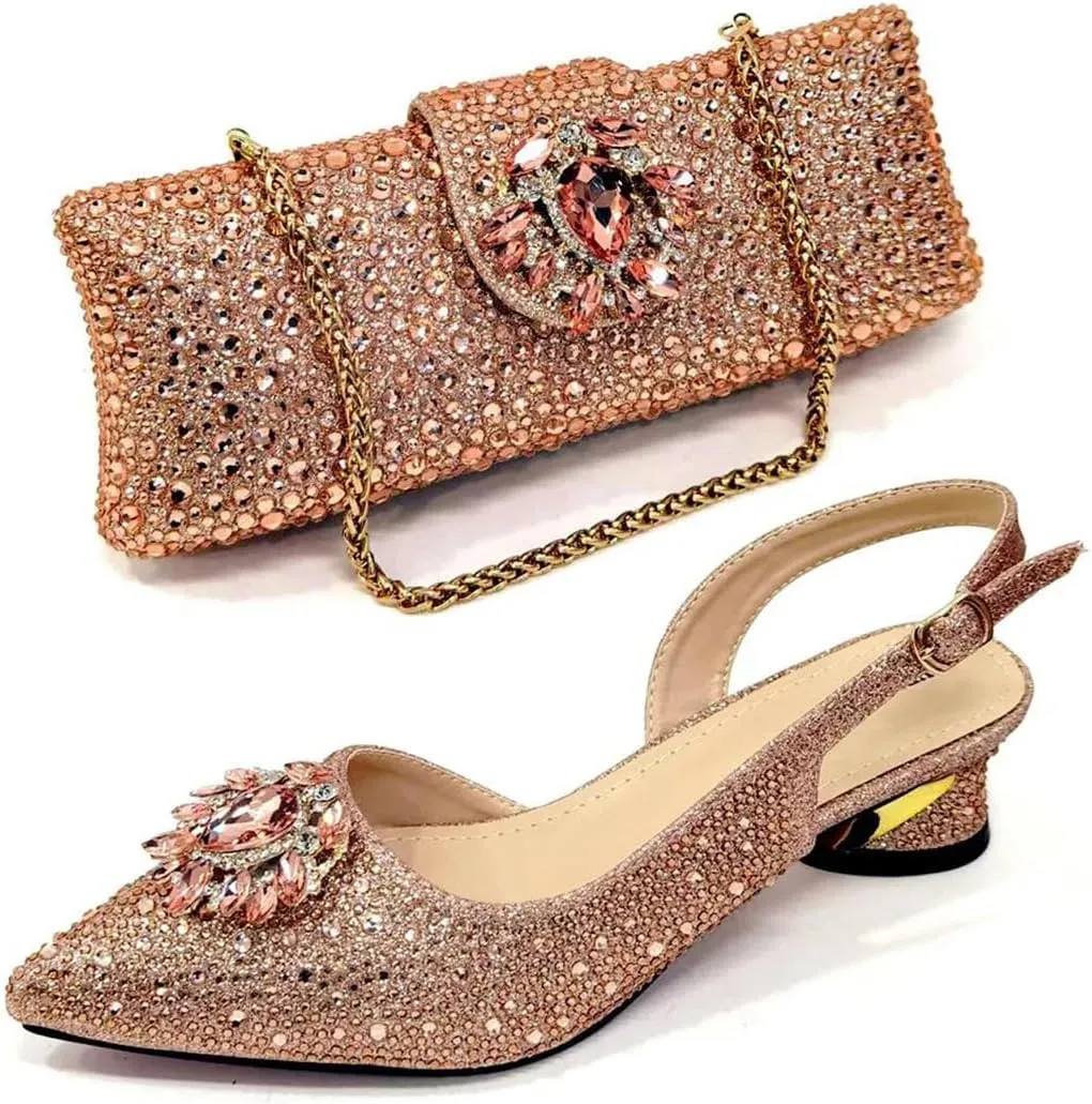 Women's Elegant Sexy High Heels Shoes and Bag with Rhinestone Pointed Toe Wedding Party Heels