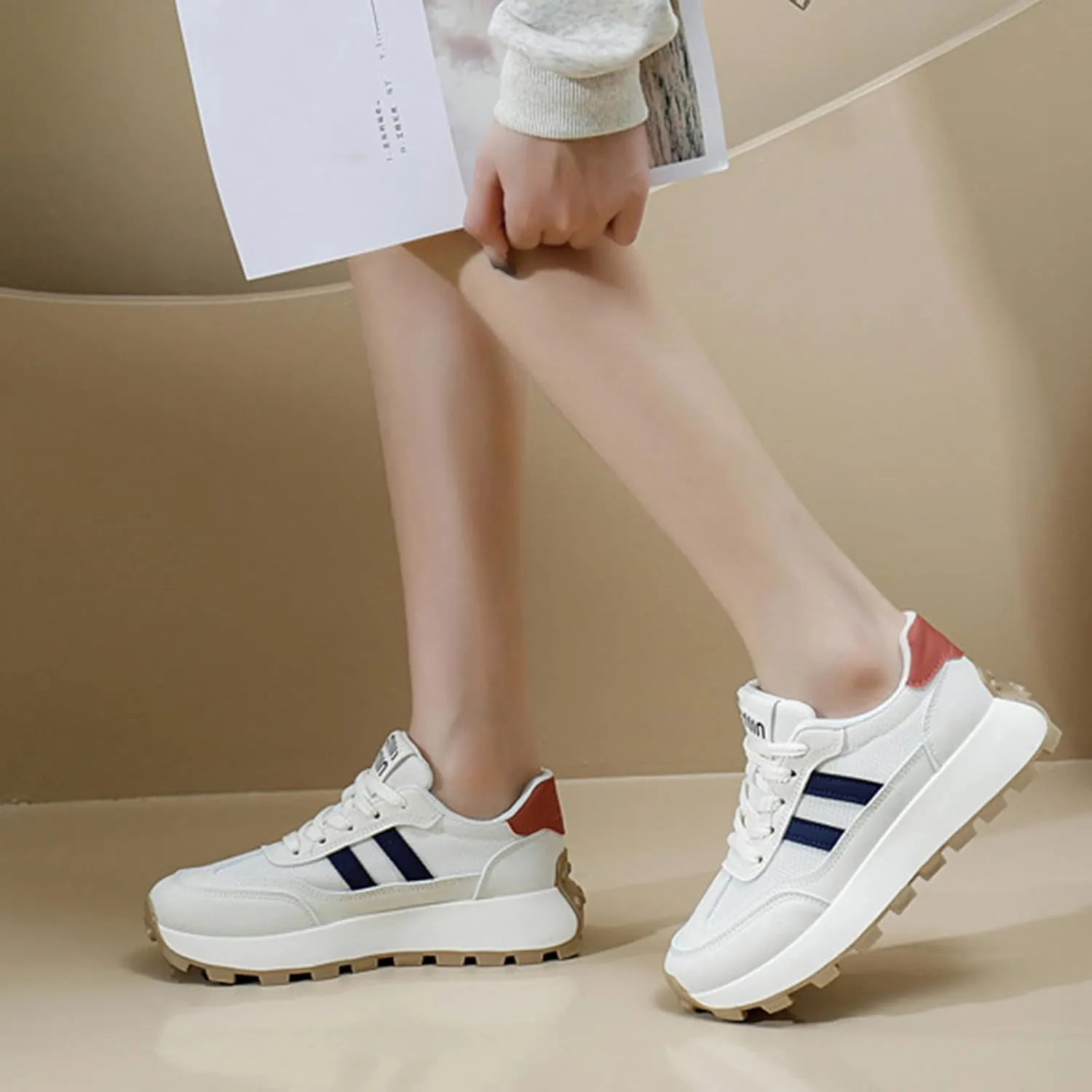 Women's Fashion Platform Dad Sneakers – Comfortable and Breathable Trainers for On-Trend Summer Style with Height Increase,White-38
