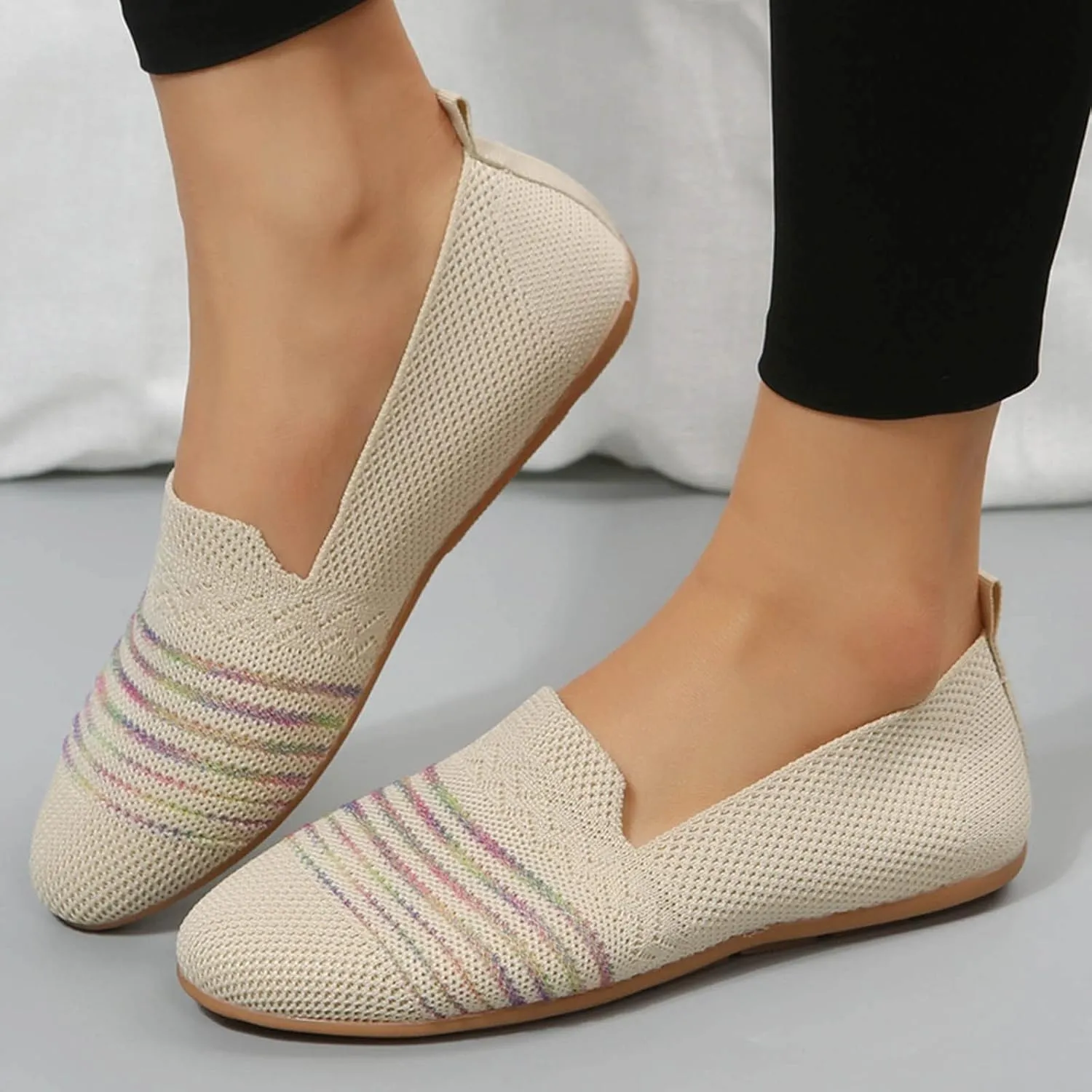 Womens Flat Shoes Knit Ballet Shoes Round Toe Slip on Loafer Casual Business Shoe Comfort Soft Office Flats