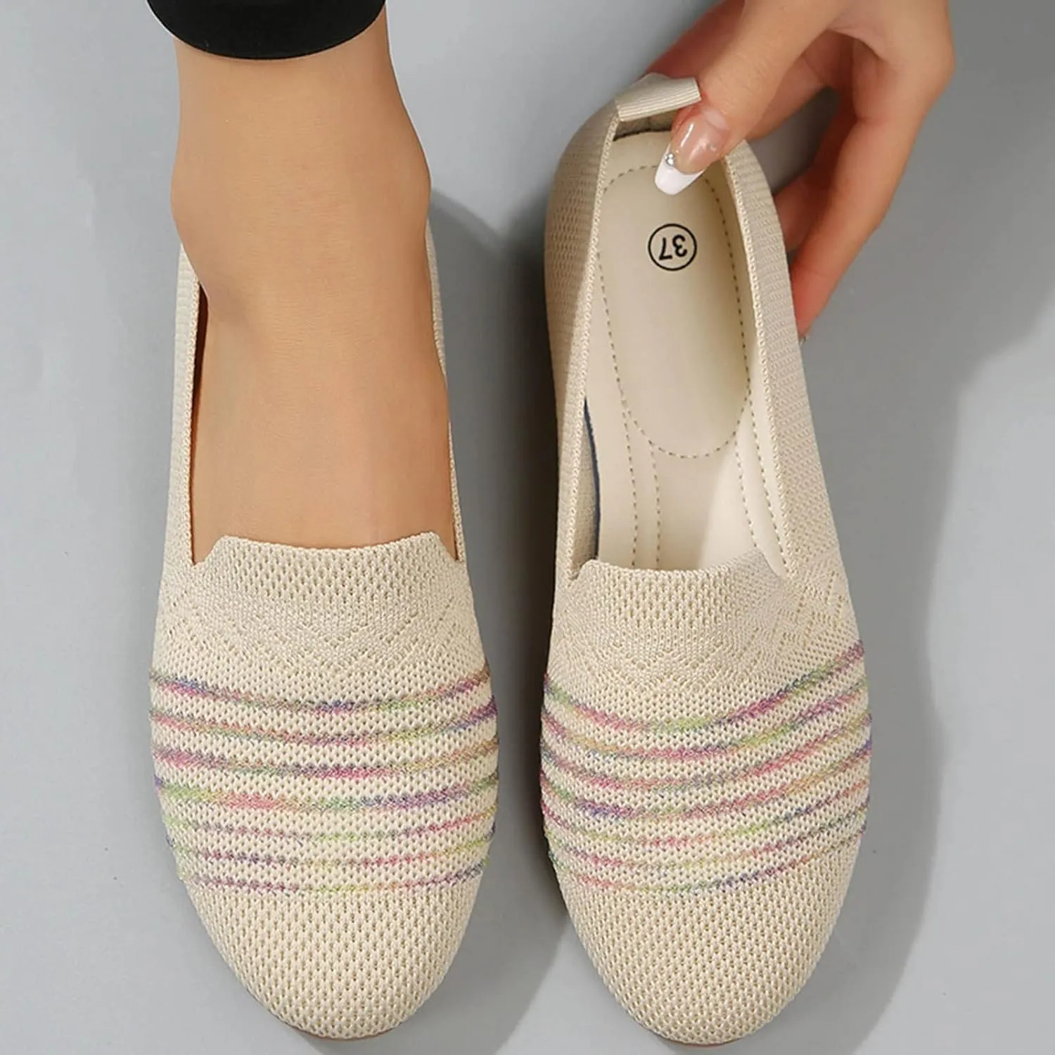 Womens Flat Shoes Knit Ballet Shoes Round Toe Slip on Loafer Casual Business Shoe Comfort Soft Office Flats