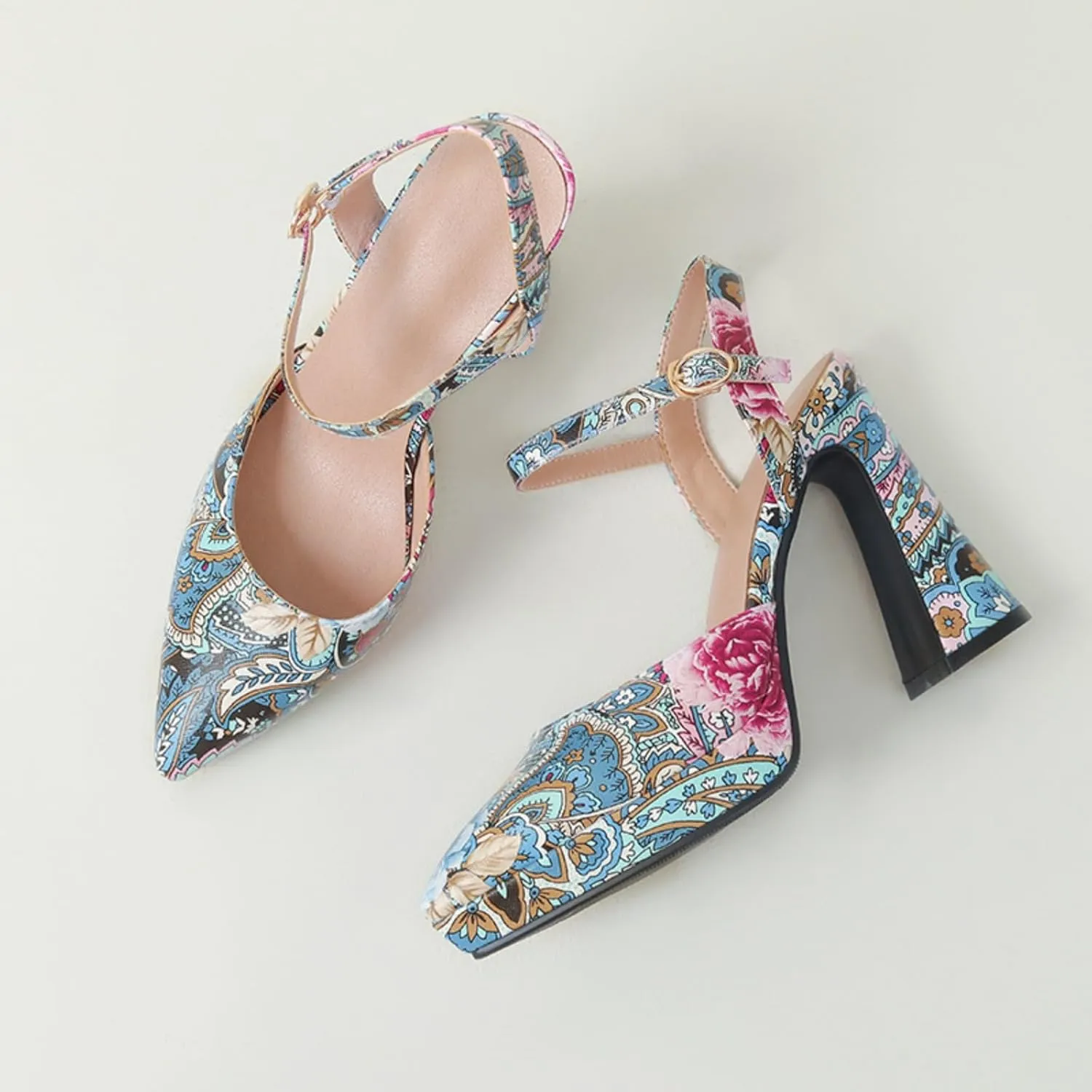Women's Floral Pattern Platform Chunky High Heels Sandals Pointed Closed Toe Ankle Strap Buckle Wedding Party Prom Dress Pumps Shoes