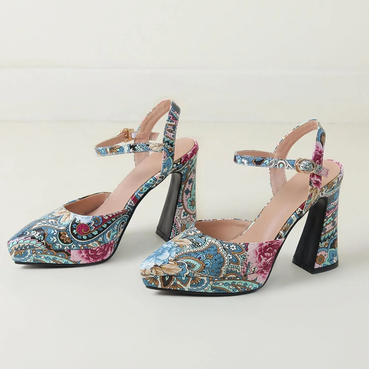Women's Floral Pattern Platform Chunky High Heels Sandals Pointed Closed Toe Ankle Strap Buckle Wedding Party Prom Dress Pumps Shoes