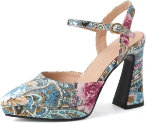 Women's Floral Pattern Platform Chunky High Heels Sandals Pointed Closed Toe Ankle Strap Buckle Wedding Party Prom Dress Pumps Shoes