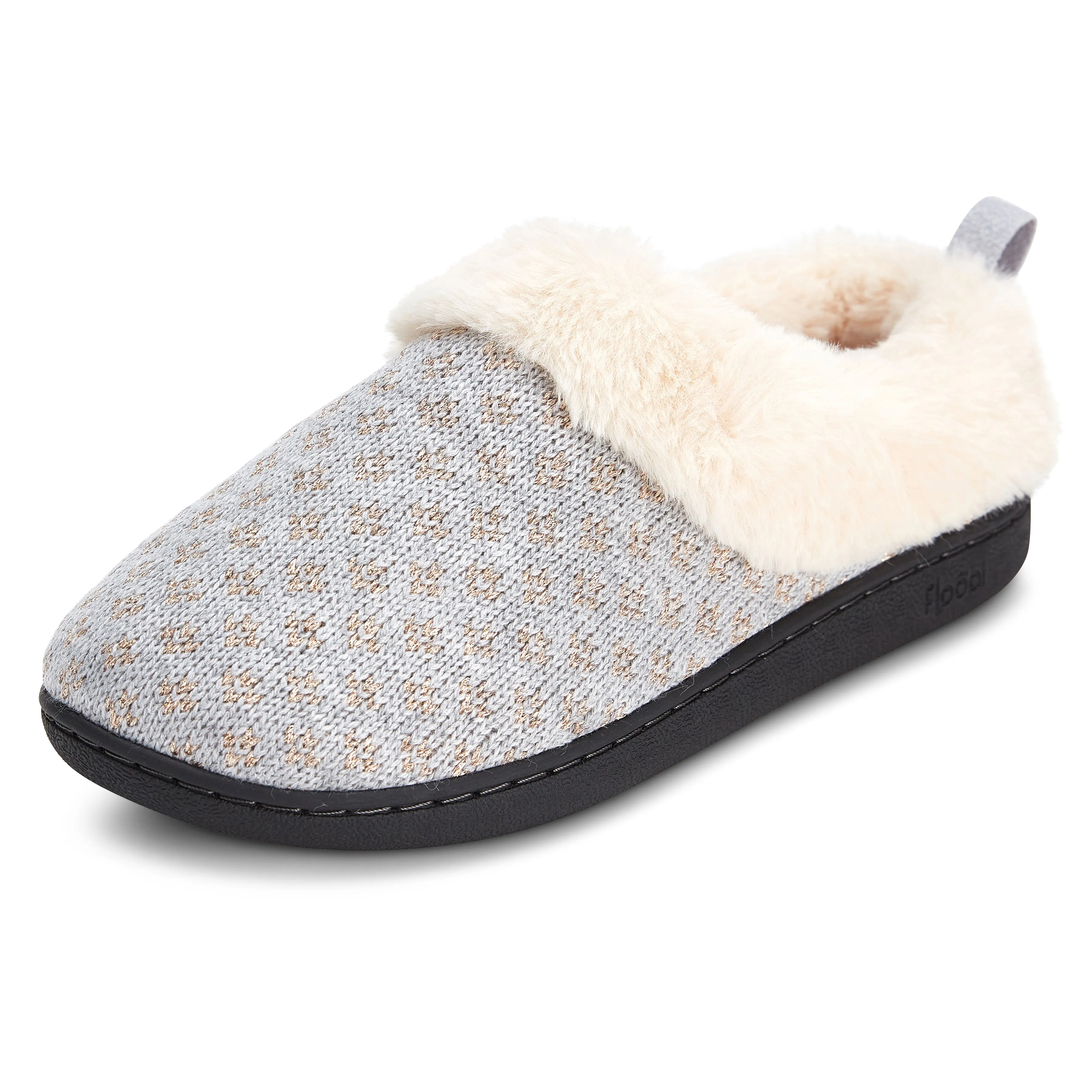 Women's Indoor/Outdoor Metallic Sweater Knit Plush Faux Fur Clog Slipper W/Memory Foam (Grey)