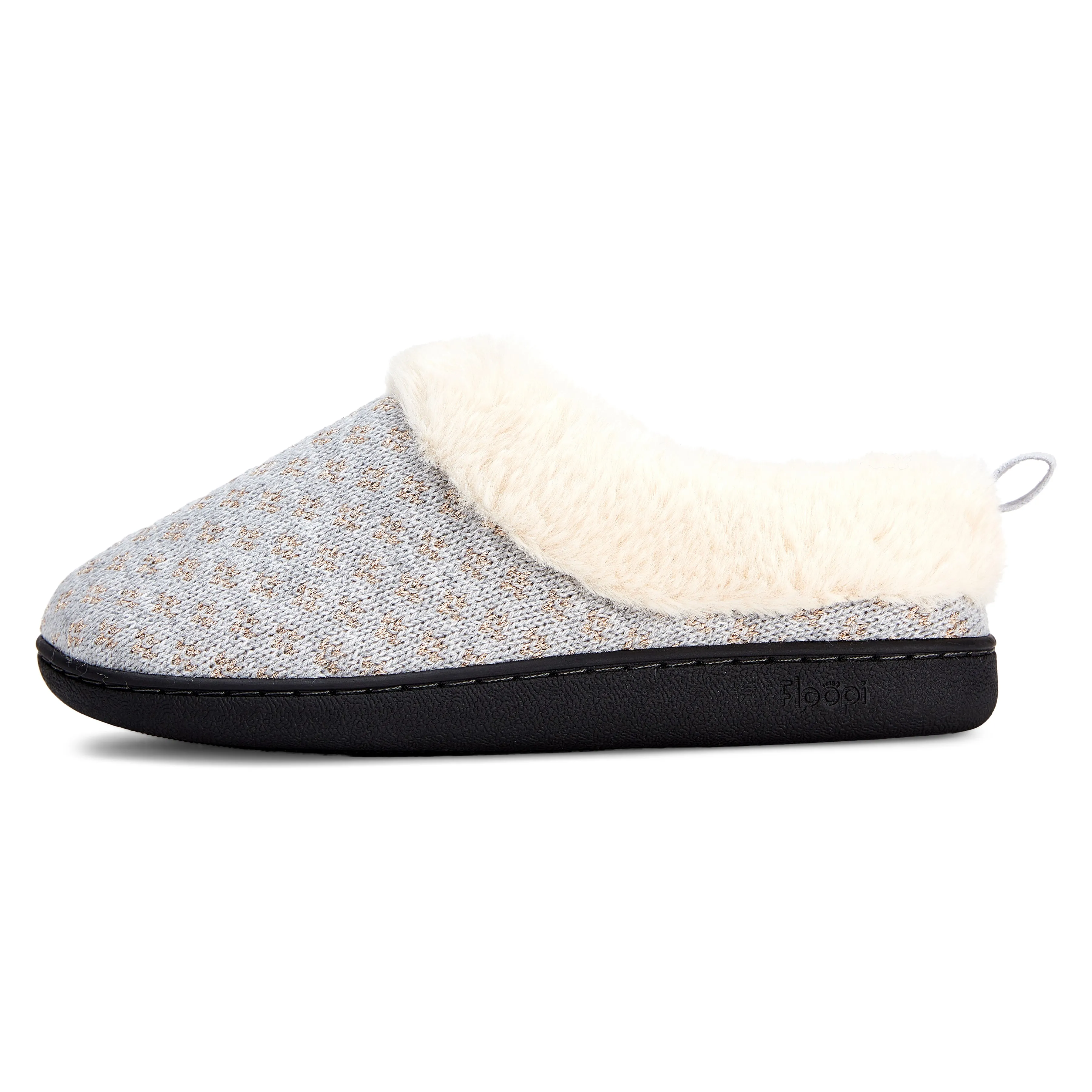 Women's Indoor/Outdoor Metallic Sweater Knit Plush Faux Fur Clog Slipper W/Memory Foam (Grey)
