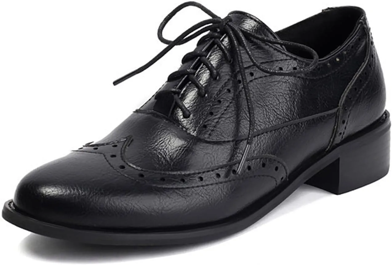Women's Leather Wingtip Chunky Heel Oxford Shoes Retro Pointed Block Heel Non-Slip Lace-Up Business Work Brogue Dress Shoes
