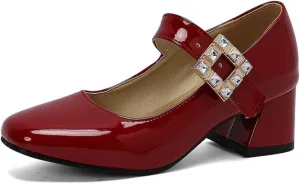 Women's Mary Jane Shoes Square Closed Toe Low Chunky Heel Block Adjustable Ankle Strap Rhinestone Buckle Wedding Party Prom Dress Pumps