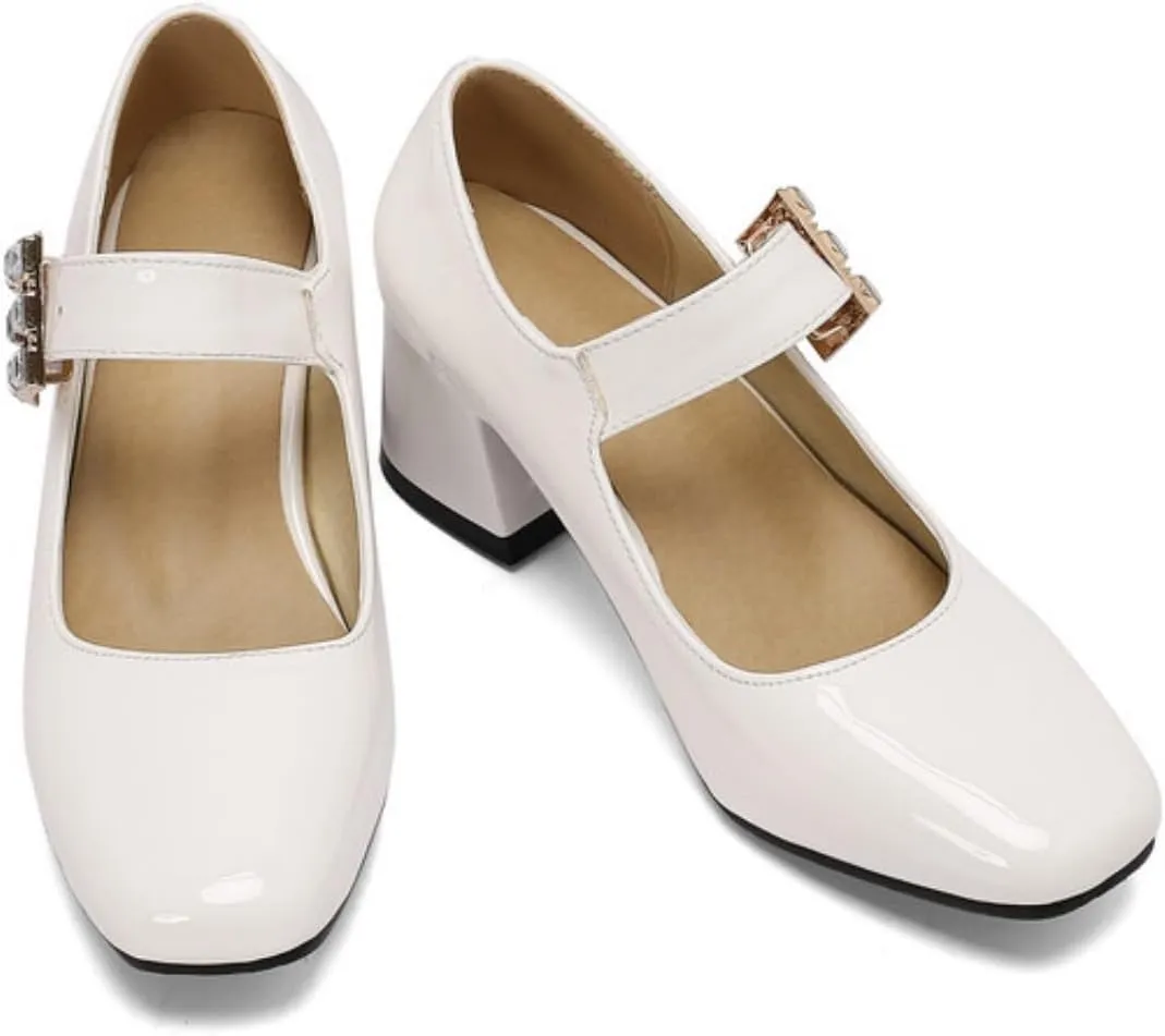 Women's Mary Jane Shoes Square Closed Toe Low Chunky Heel Block Adjustable Ankle Strap Rhinestone Buckle Wedding Party Prom Dress Pumps