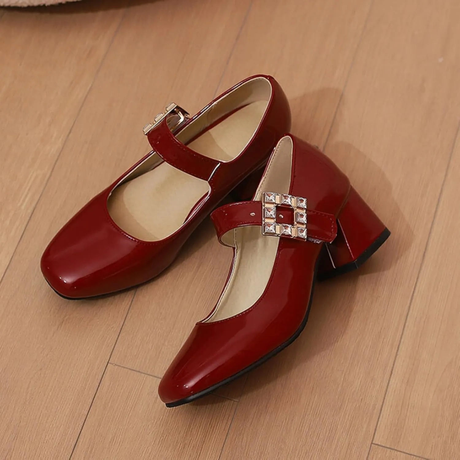 Women's Mary Jane Shoes Square Closed Toe Low Chunky Heel Block Adjustable Ankle Strap Rhinestone Buckle Wedding Party Prom Dress Pumps