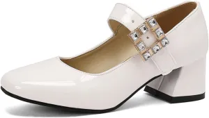 Women's Mary Jane Shoes Square Closed Toe Low Chunky Heel Block Adjustable Ankle Strap Rhinestone Buckle Wedding Party Prom Dress Pumps