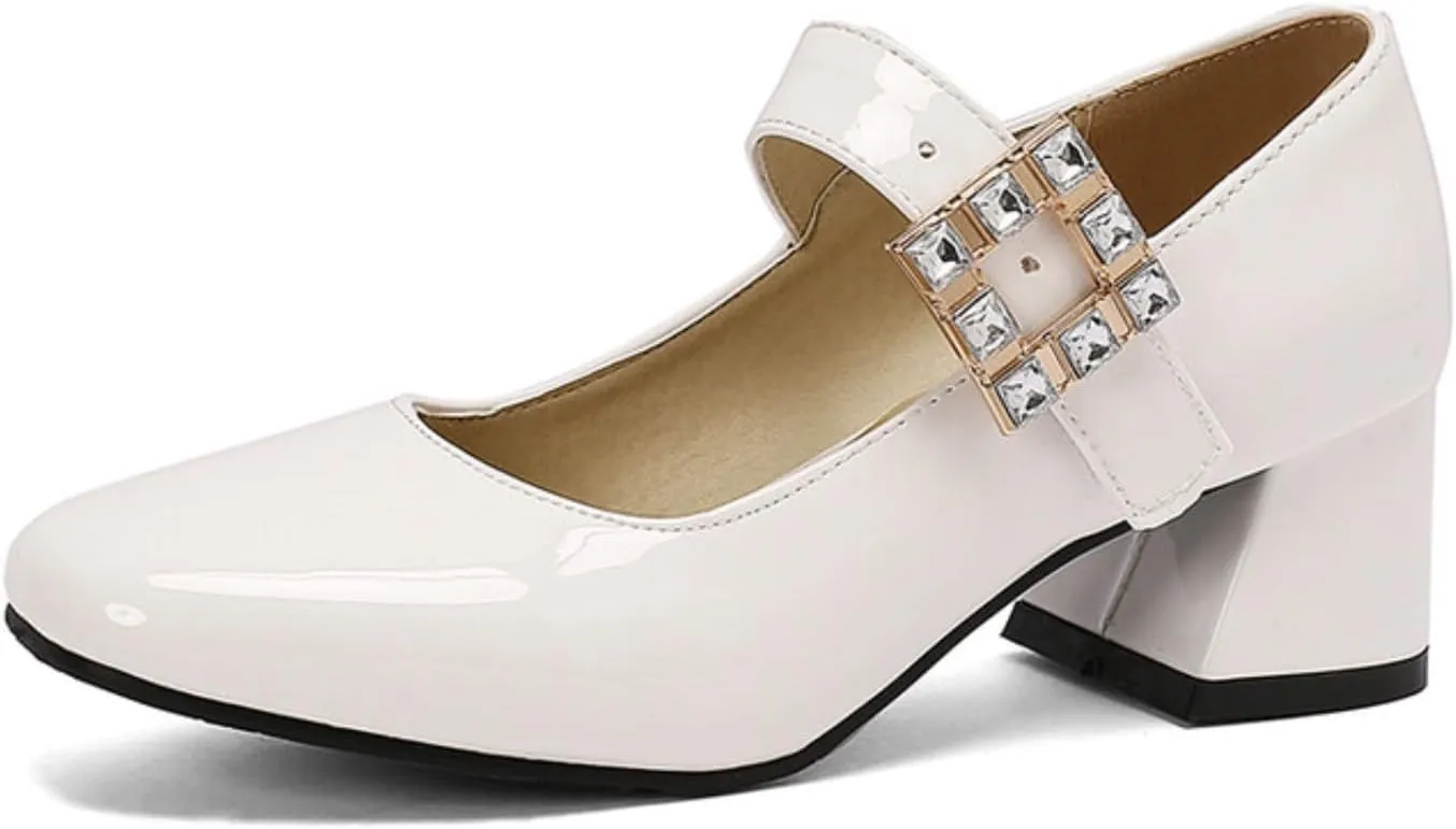 Women's Mary Jane Shoes Square Closed Toe Low Chunky Heel Block Adjustable Ankle Strap Rhinestone Buckle Wedding Party Prom Dress Pumps
