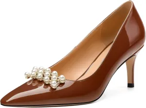 Women's Pearl Heels Pumps, Fashion Pointed Toe High Stiletto Heels Wedding Prom Dress Shoes for Women