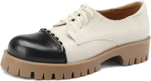 Women's Platform Cap Round Closed Toe Pump Loafers Metal Chain Lace Up Comfortable Chunky Mid Heel Office Work Casual Fashion Business Dress Shoes Two Toned Daily Wear Flats