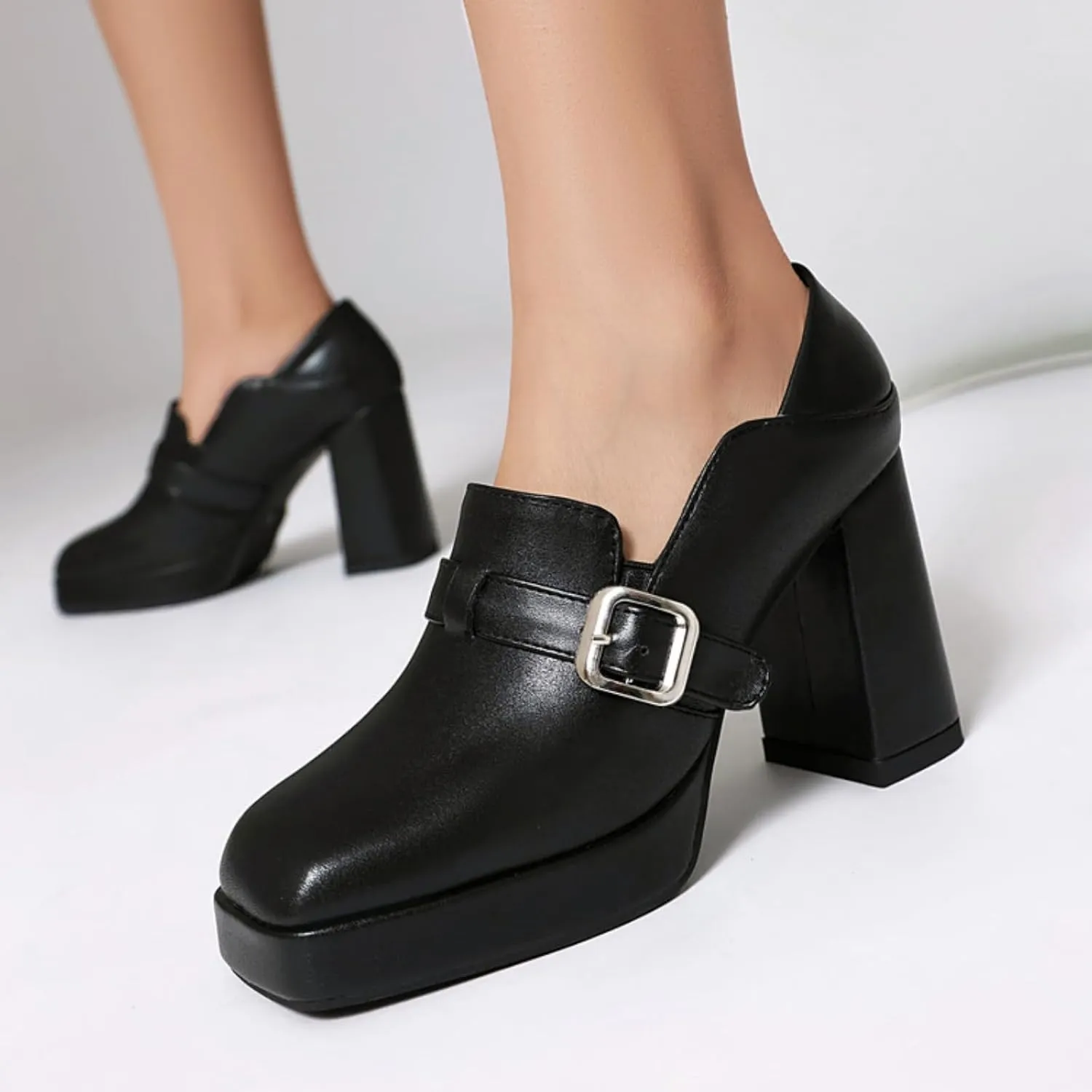 Women's Platform Square Closed Toe Chunky Block High Heels Mary Jane Pumps Fashion Strap Buckle Wedding Party Prom Dating Dress Shoes