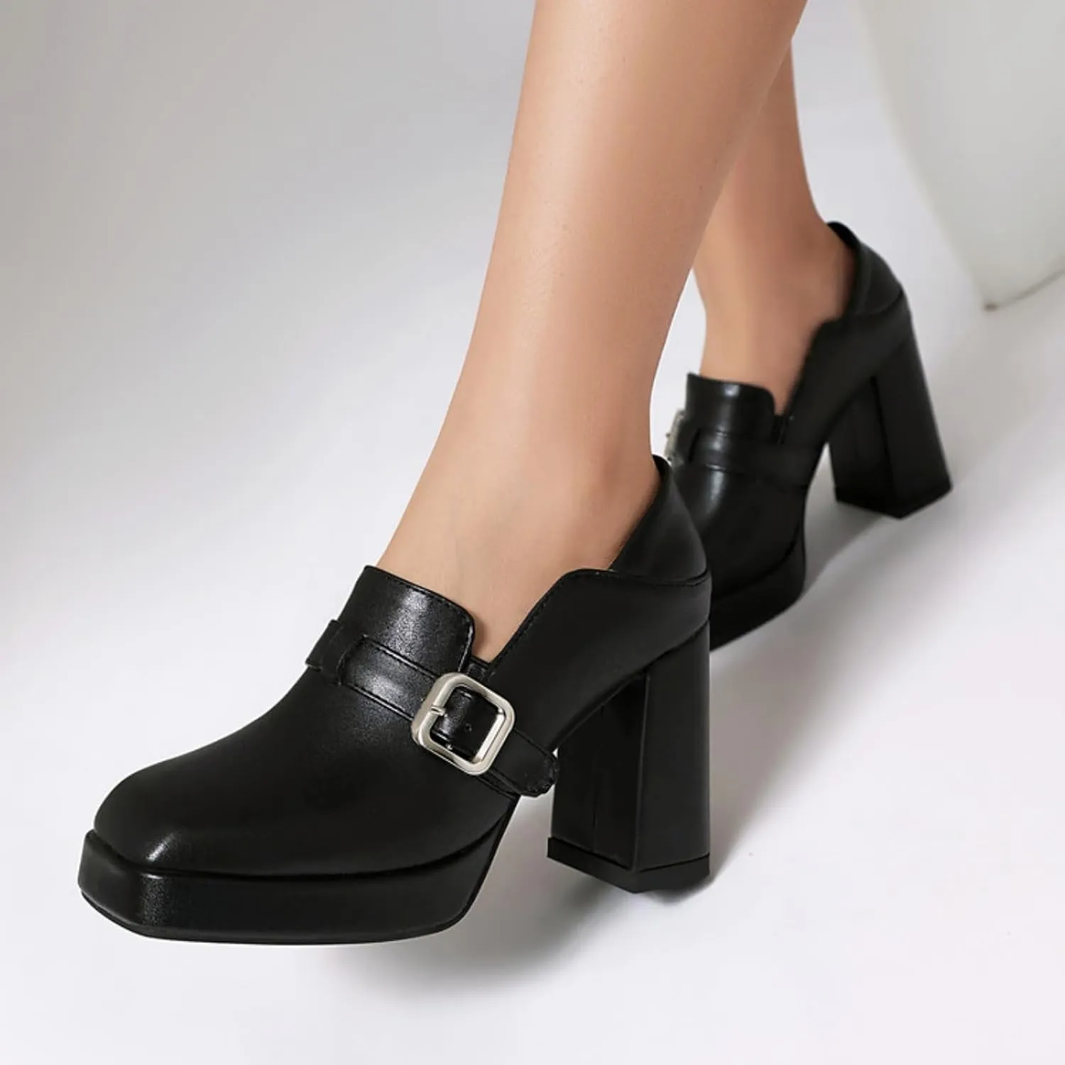 Women's Platform Square Closed Toe Chunky Block High Heels Mary Jane Pumps Fashion Strap Buckle Wedding Party Prom Dating Dress Shoes