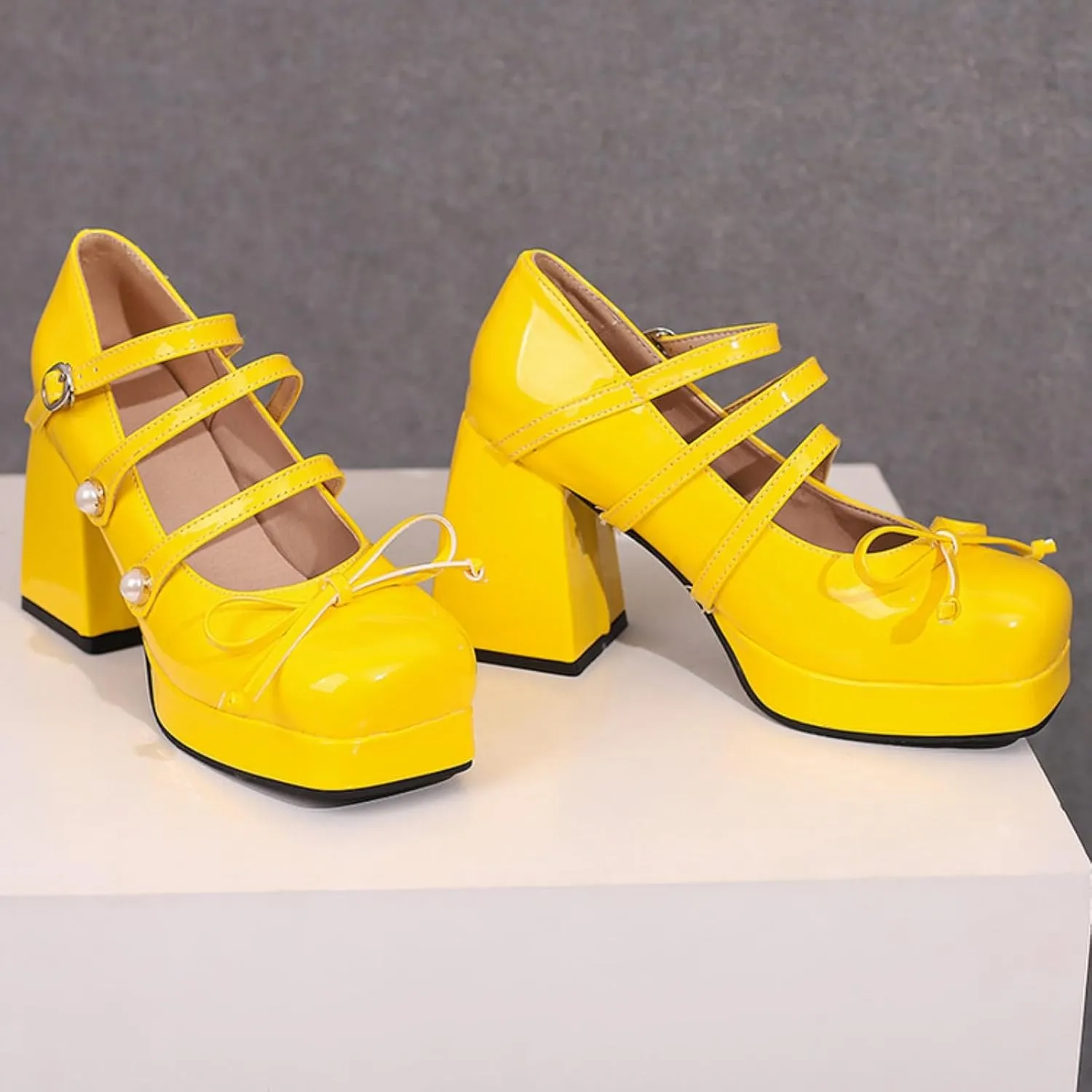 Women's Platform Square Toe Chunky Heel Block Mary Jane Pumps Fashion Ankle Strap Buckle Pearl Decoration Bow Wedding Party Prom Dress Shoes
