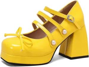 Women's Platform Square Toe Chunky Heel Block Mary Jane Pumps Fashion Ankle Strap Buckle Pearl Decoration Bow Wedding Party Prom Dress Shoes