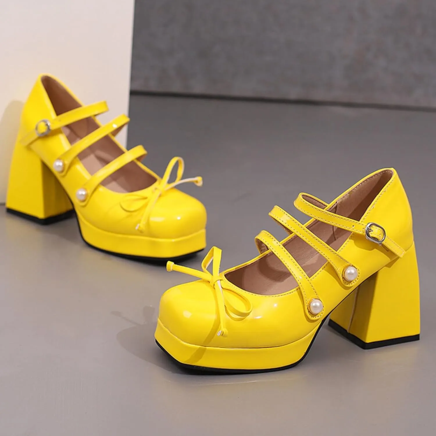 Women's Platform Square Toe Chunky Heel Block Mary Jane Pumps Fashion Ankle Strap Buckle Pearl Decoration Bow Wedding Party Prom Dress Shoes