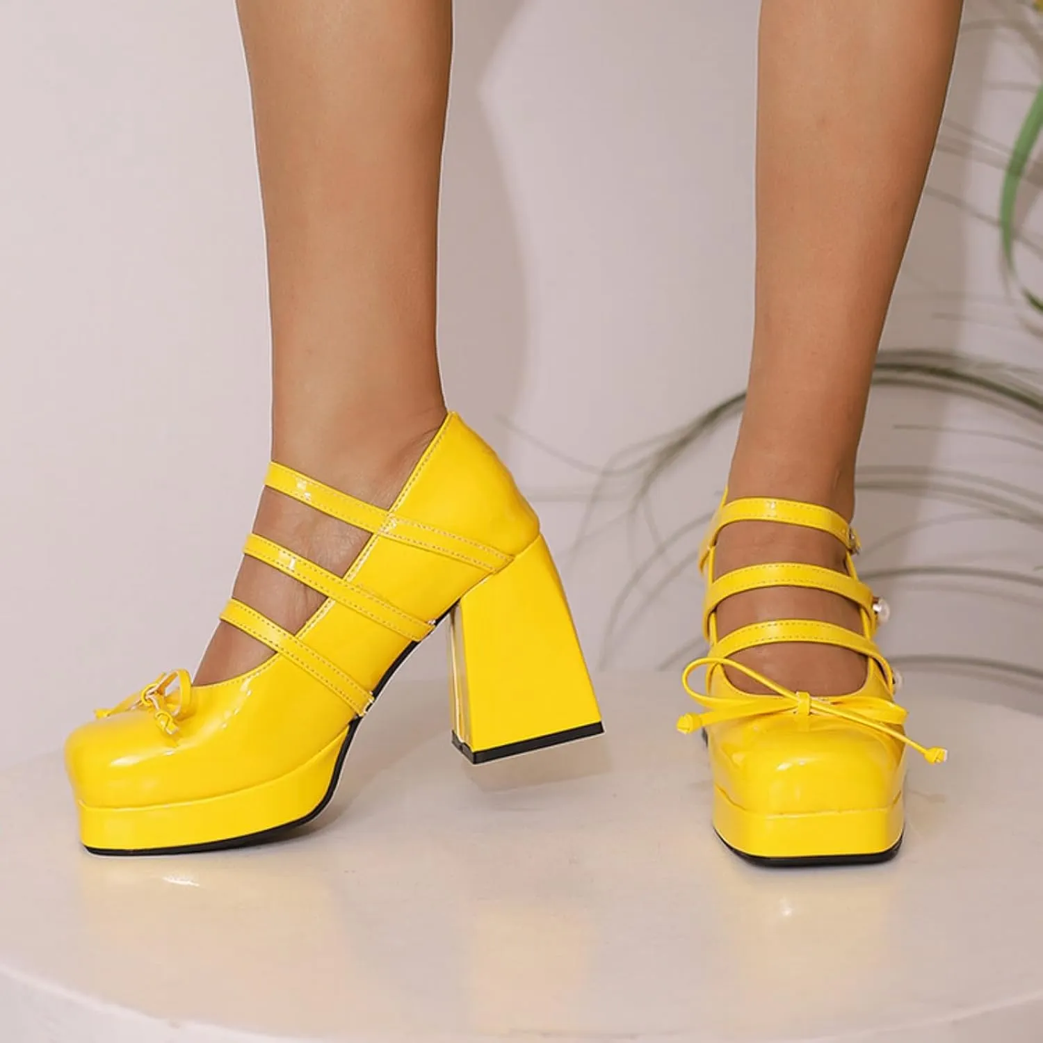 Women's Platform Square Toe Chunky Heel Block Mary Jane Pumps Fashion Ankle Strap Buckle Pearl Decoration Bow Wedding Party Prom Dress Shoes