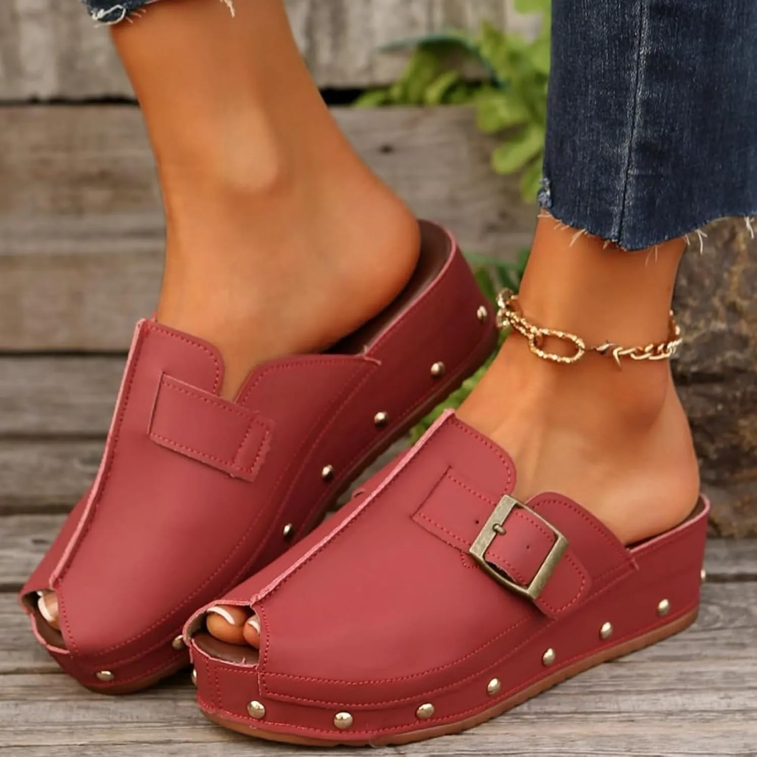Women's Platform Wedge Sandals Chunky Heel Fish Mouth Platform Sandals Anti-Slip & Wear-Resistant Shoes Locking Design Walking Sandal Slip on Mules and Clogs