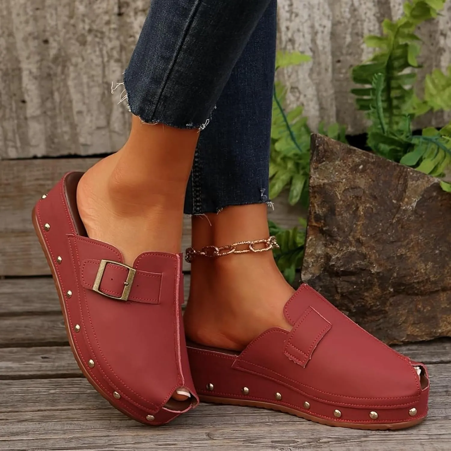 Women's Platform Wedge Sandals Chunky Heel Fish Mouth Platform Sandals Anti-Slip & Wear-Resistant Shoes Locking Design Walking Sandal Slip on Mules and Clogs