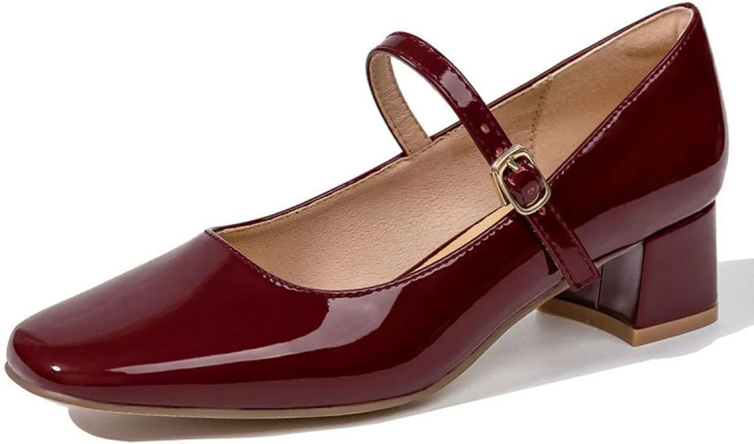 Women's Retro Square Toe Shallow Cut Mary Jane Shoes Fashion Patent Leather Handmade Buckle Low Heels Mary Jane High Heels